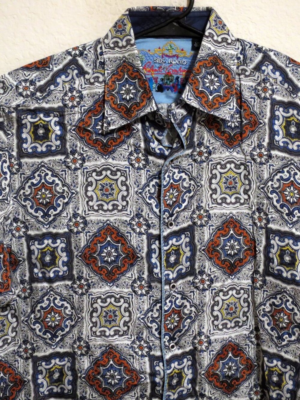 Robert Graham Shirt Mens Large Silk Road Long Sleeve Button Gray White Blue